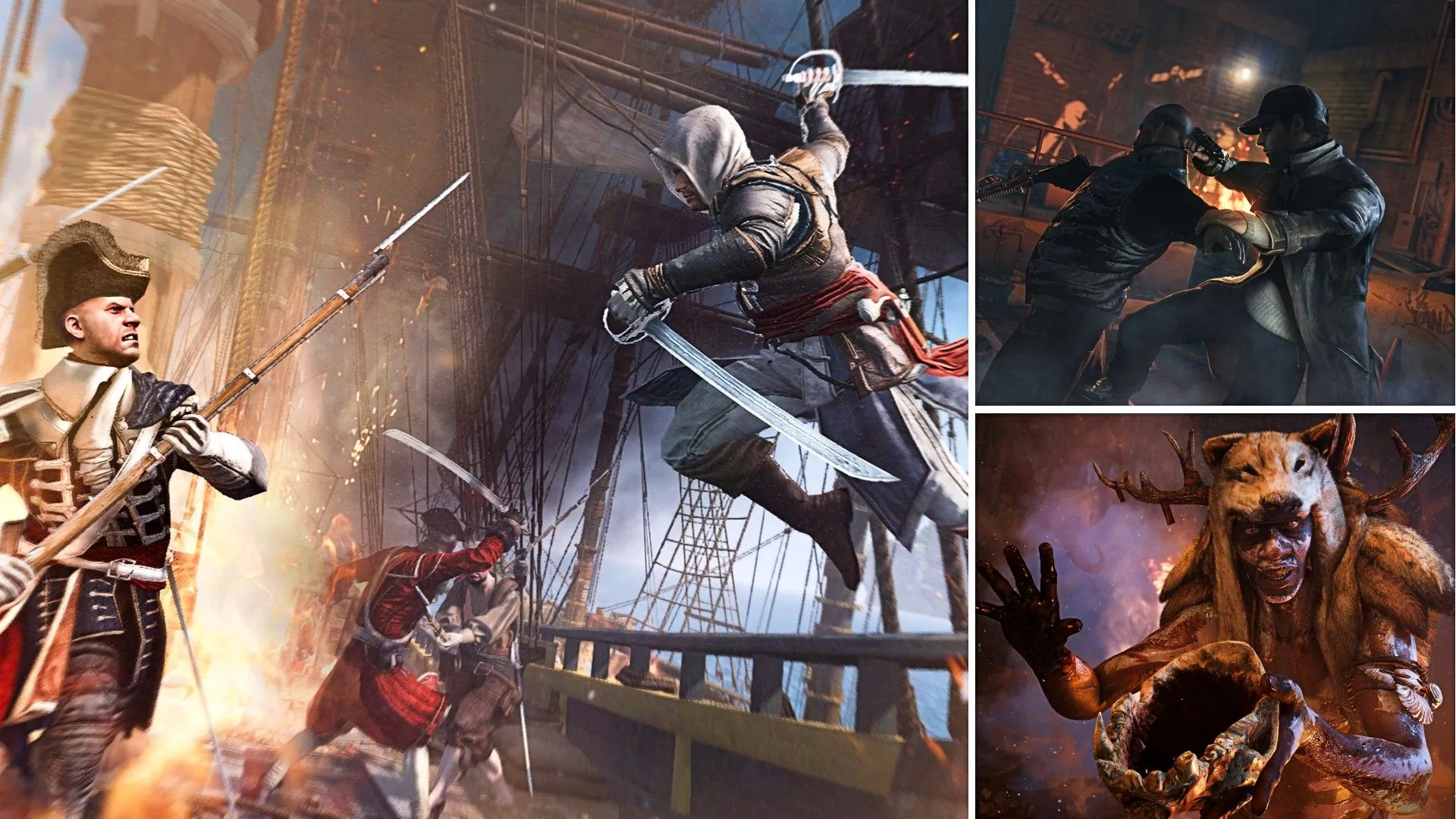 Edward Kenway trong Assassin's Creed IV Black Flag, Aiden Pearce của Watch Dogs và hình ảnh từ Far Cry Primal, minh họa các vũ trụ game Ubisoft liên kết.