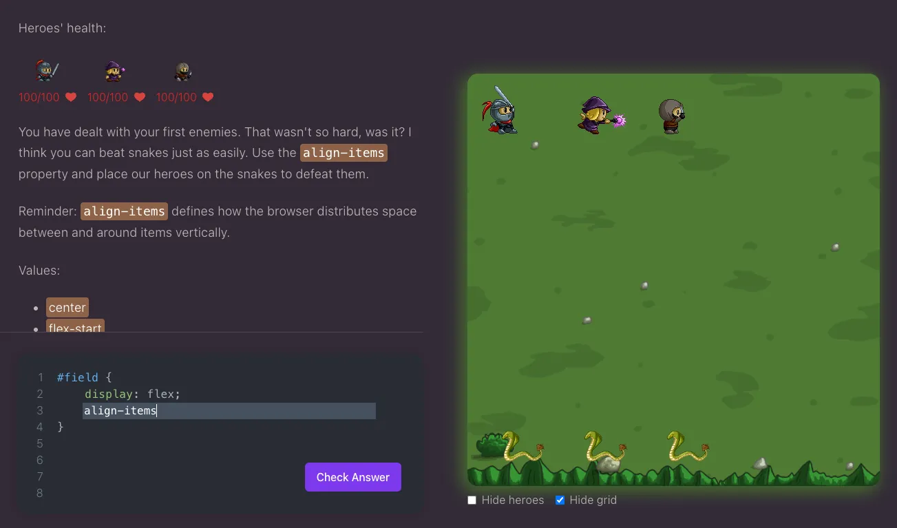Flex Box Adventure với giao diện game phiêu lưu, có nhân vật và kẻ thù, cùng ô nhập mã CSS