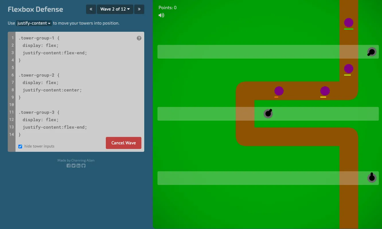 Flexbox Defense yêu cầu người chơi sắp xếp các tháp phòng thủ bằng CSS để ngăn chặn kẻ thù