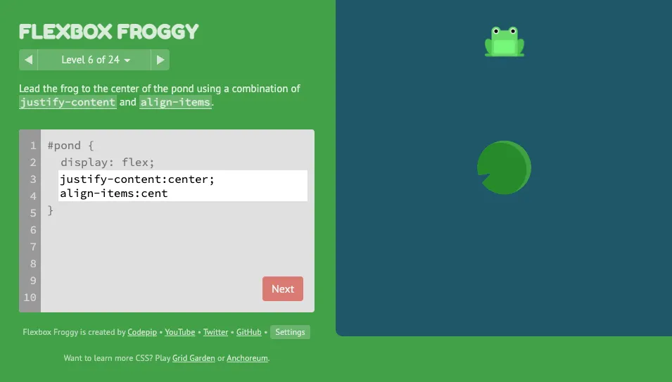 Flexbox Froggy giúp học Flexbox qua các thử thách ếch di chuyển trên ao sen