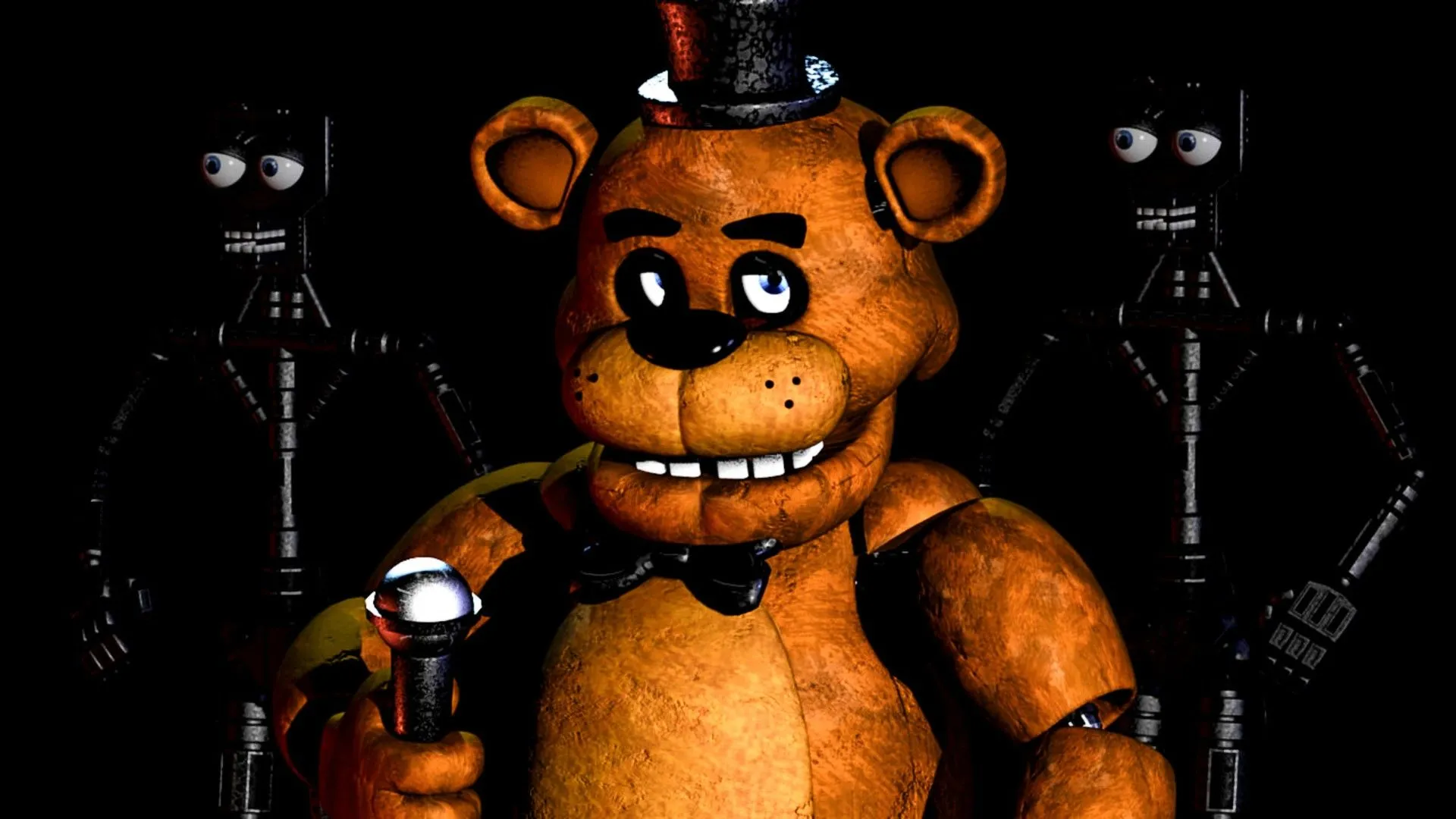 Freddy Fazbear cầm micro đứng cạnh các animatronic khác, biểu tượng của cốt truyện phức tạp trong Five Nights At Freddy's.