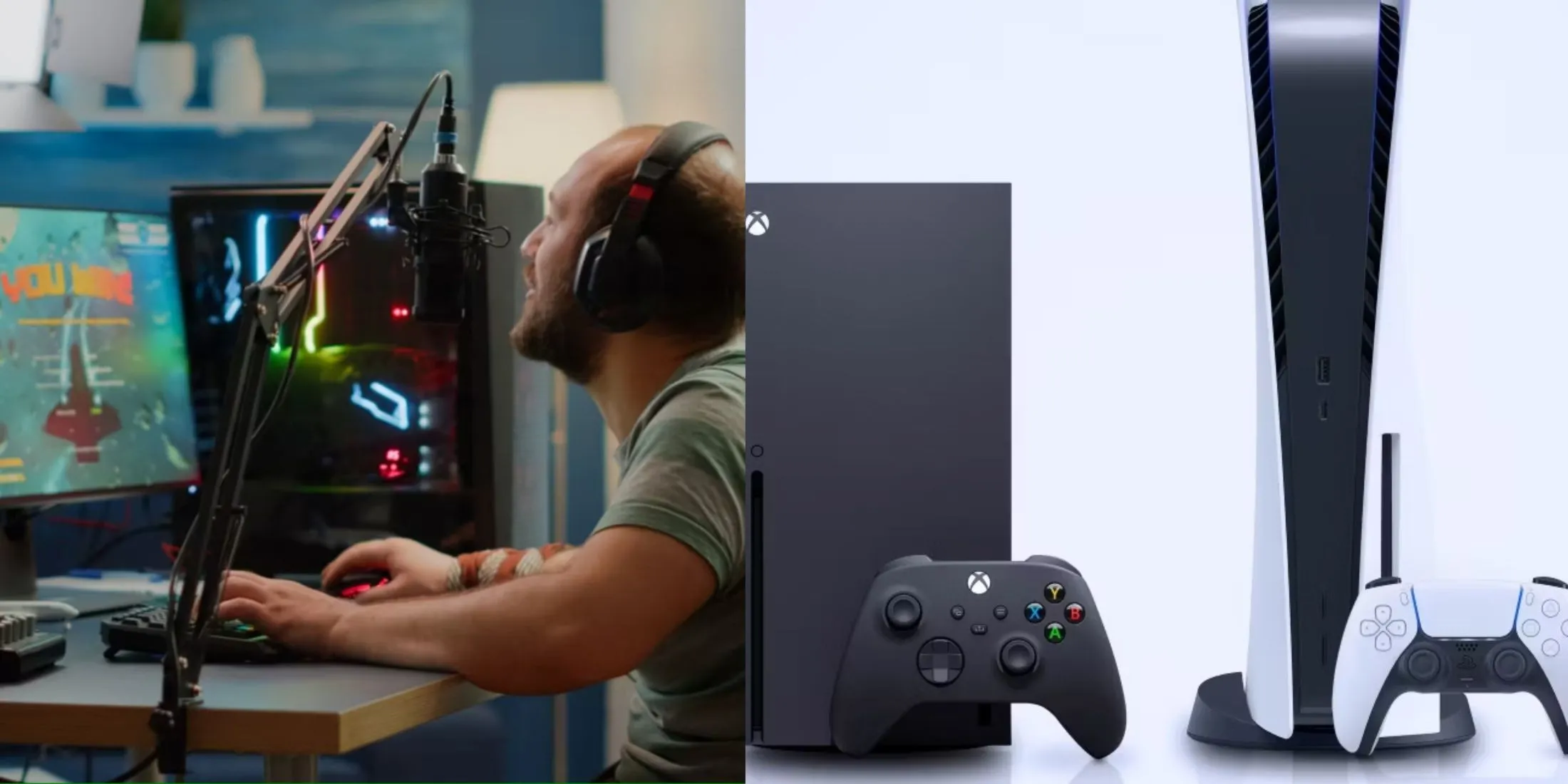 Game thủ trên PC bên cạnh hình ảnh console Xbox Series X và PlayStation 5, tượng trưng cho sự khác biệt trong việc mod game