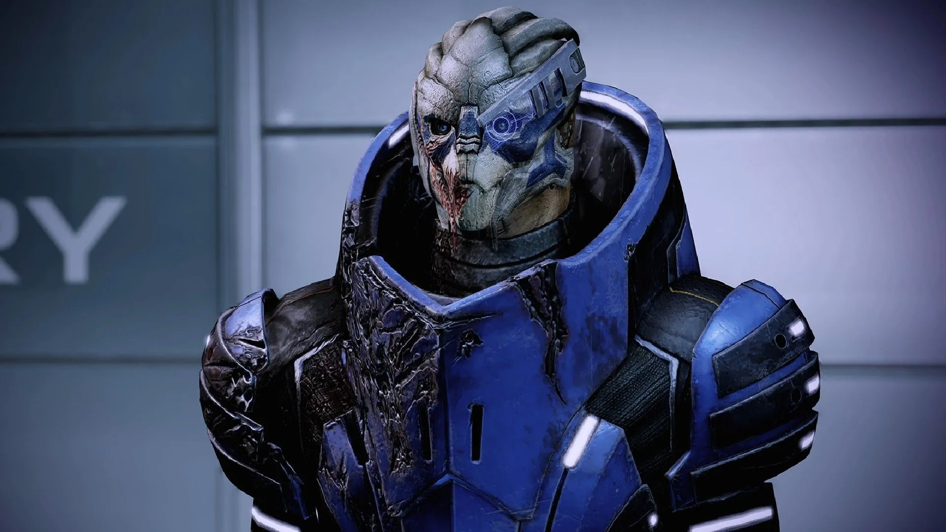 Garrus Vakarian với vài vết thương sau khi được tuyển mộ trong Mass Effect: Legendary Edition, một bạn đồng hành và lựa chọn tình cảm được yêu thích.