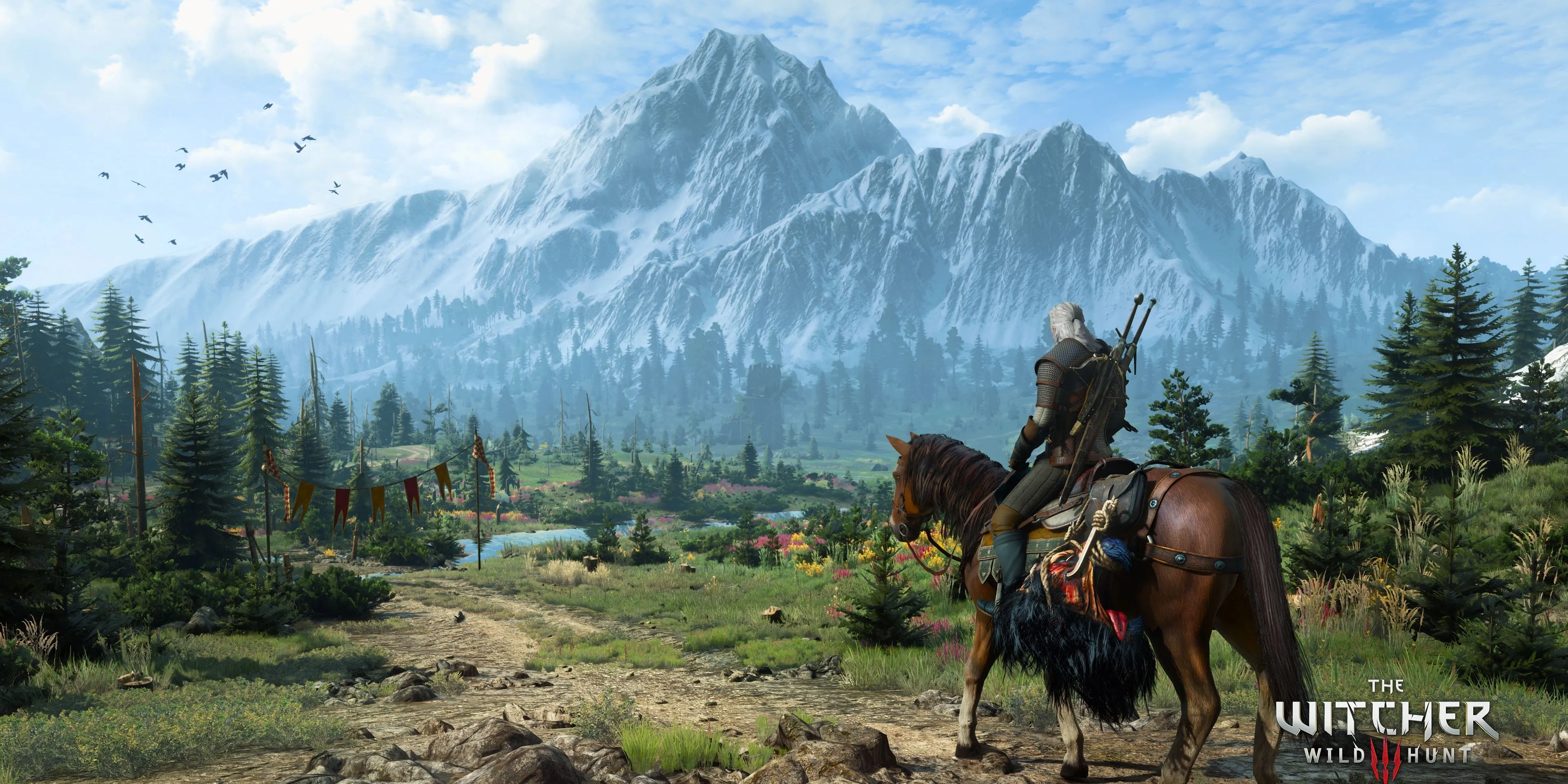 Geralt và Roach trên hòn đảo Skellige đầy tuyết trong The Witcher 3: Wild Hunt, thể hiện sự gắn bó của nhân vật với ngựa