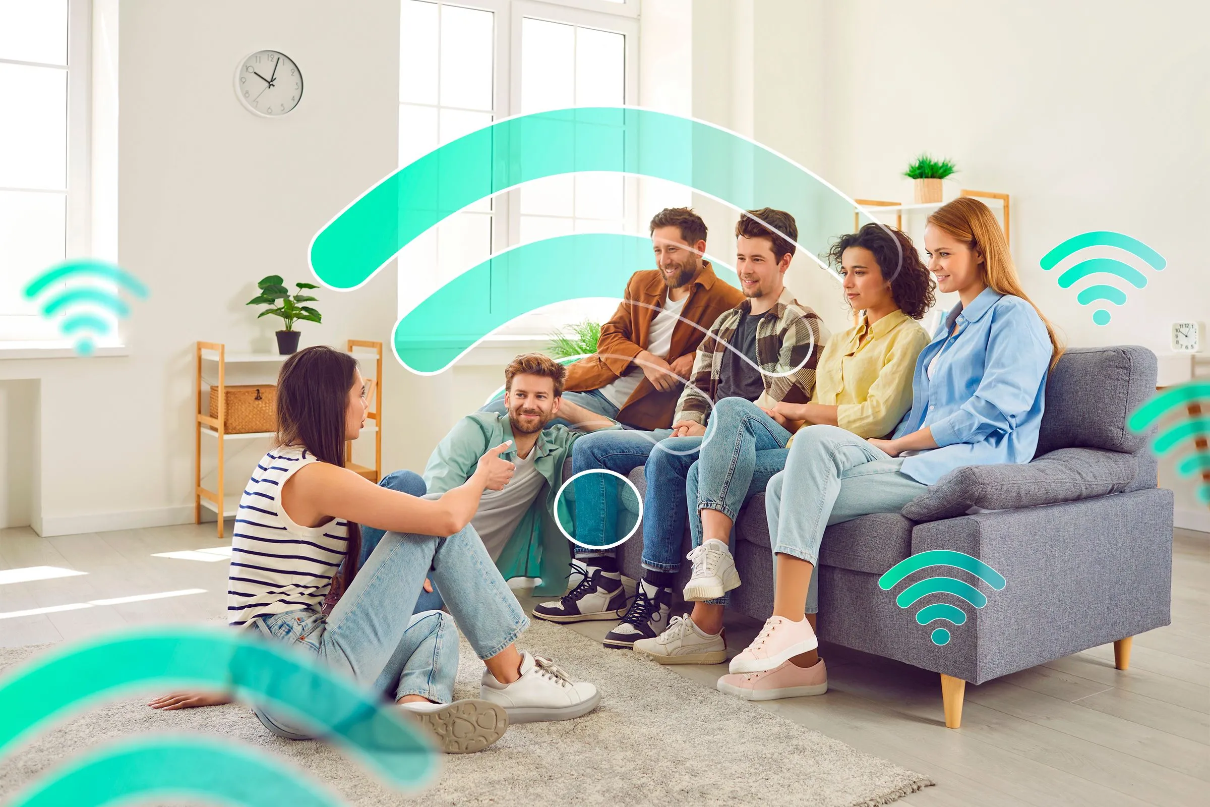 Gia đình sử dụng internet với nhiều biểu tượng Wi-Fi, minh họa sự tương tác của con người trong bối cảnh nội dung AI và Lý thuyết Internet Chết.