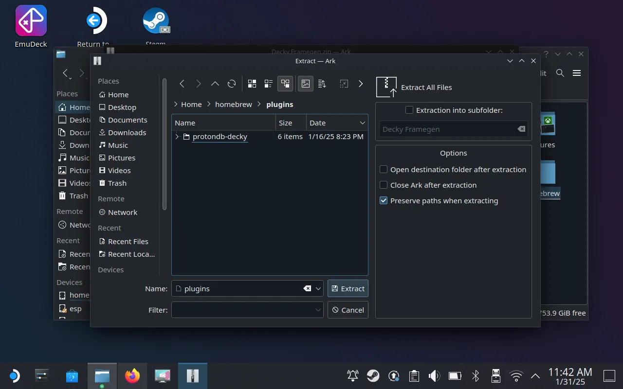 Giải nén Decky-Framegen vào thư mục plugin của homebrew trên Steam Deck