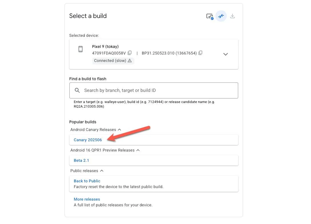Giao diện Android Flash Tool cho phép người dùng chọn bản dựng Canary để cài đặt lên thiết bị Google Pixel của mình.