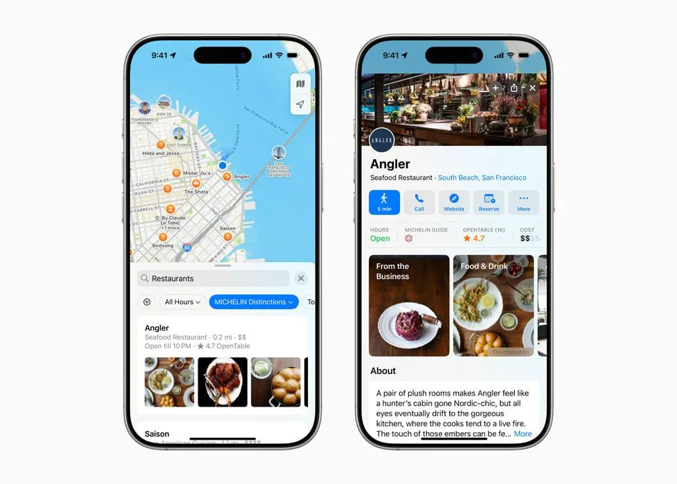 Giao diện Apple Maps hiển thị các nhà hàng được gắn sao Michelin và biểu tượng Bib Gourmand, nổi bật trên bản đồ.