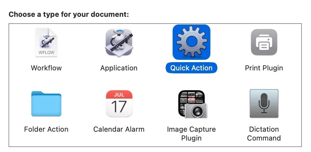 Giao diện Automator trên macOS hiển thị cửa sổ chọn loại tài liệu mới, với tùy chọn &quot;Quick Action&quot; được tô sáng.