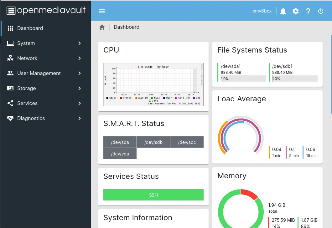 Giao diện bảng điều khiển của OpenMediaVault hiển thị mức sử dụng bộ nhớ và trạng thái CPU, cho phép người dùng giám sát hiệu suất NAS