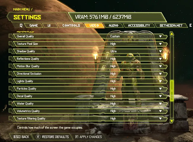 Giao diện cài đặt đồ họa trong game Doom Eternal với nhiều tùy chọn tối ưu.