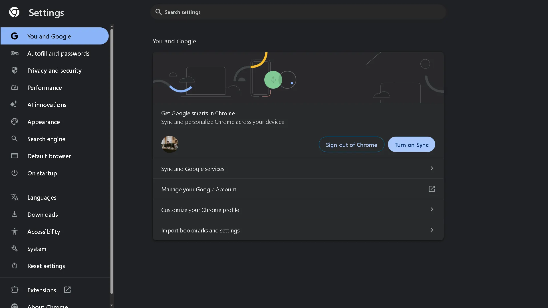 Giao diện cài đặt Google Chrome hiển thị tùy chọn &quot;Bật đồng bộ hóa&quot; trong mục &quot;Bạn và Google&quot;