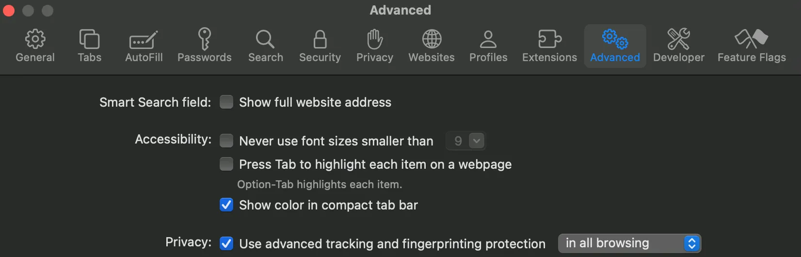 Giao diện cài đặt nâng cao của Safari trên macOS, hiển thị tùy chọn &quot;Sử dụng bảo vệ nâng cao chống theo dõi và lấy dấu vân tay&quot;.