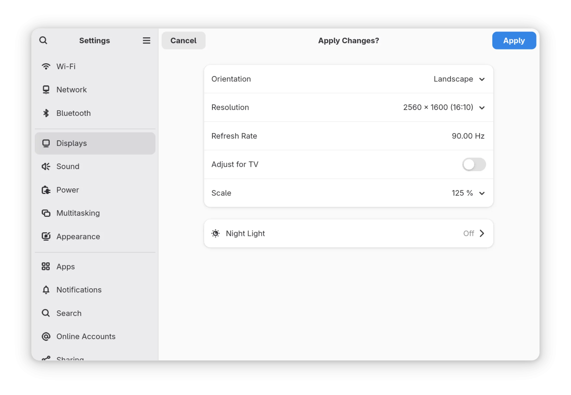 Giao diện cài đặt tỷ lệ hiển thị (display scaling) trên GNOME 48 khi chạy Wayland, minh họa sự hỗ trợ tốt hơn cho màn hình độ phân giải cao.