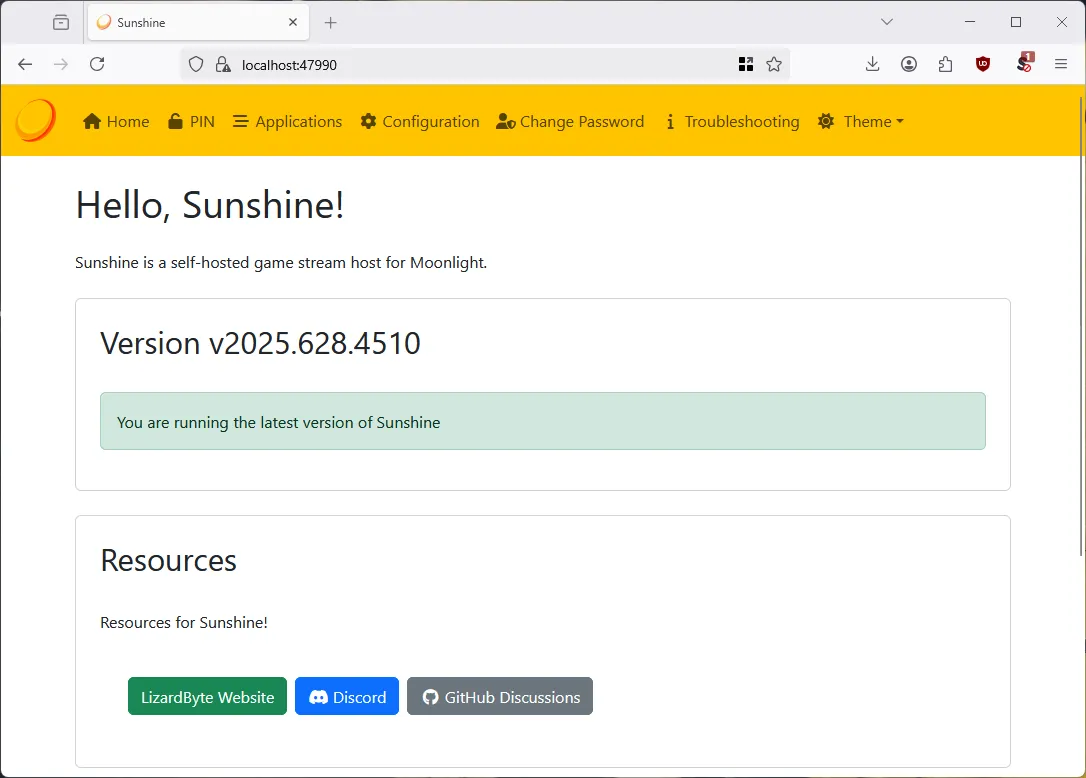 Giao diện cấu hình web UI của Sunshine game streaming server