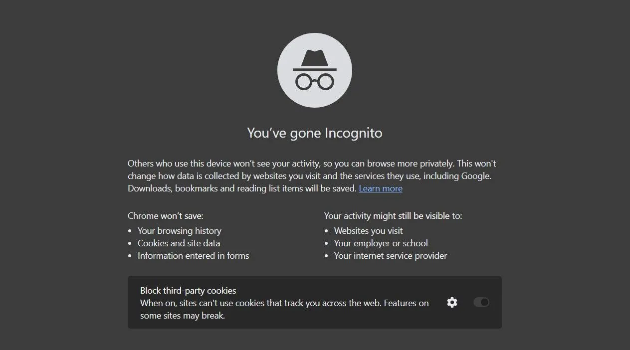 Giao diện chế độ ẩn danh Incognito mode trên trình duyệt Google Chrome.