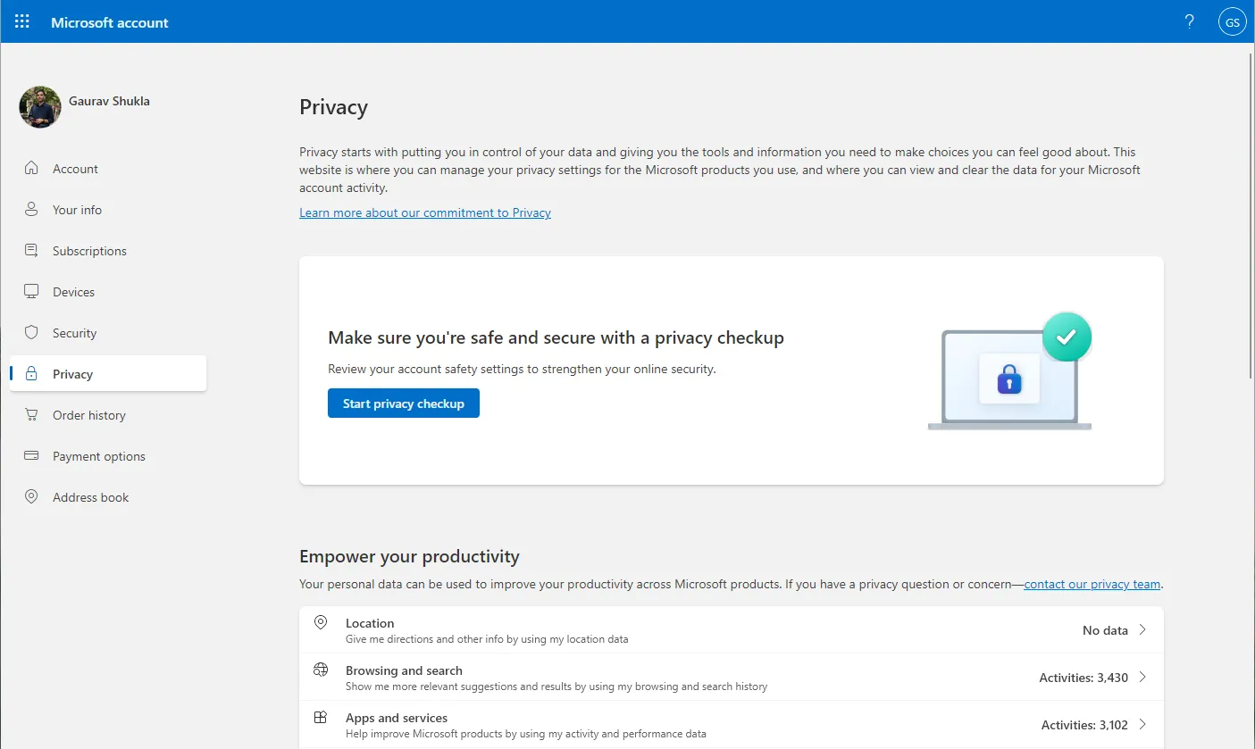 Giao diện chính của Microsoft Privacy Dashboard, hiển thị các tùy chọn quản lý dữ liệu cá nhân.