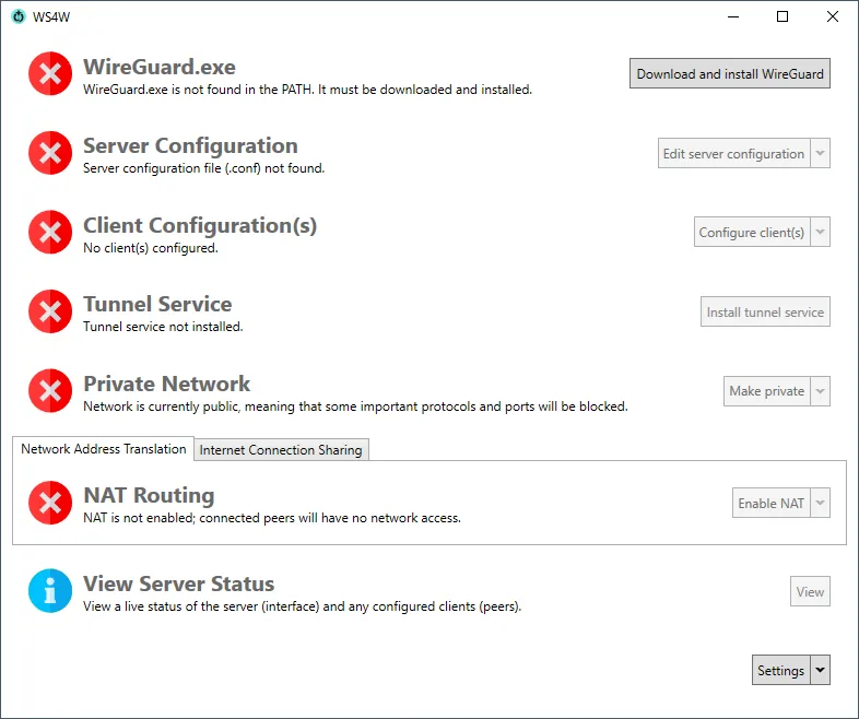 Giao diện chính của Wg Server for Windows, công cụ giúp cấu hình Wireguard dễ dàng