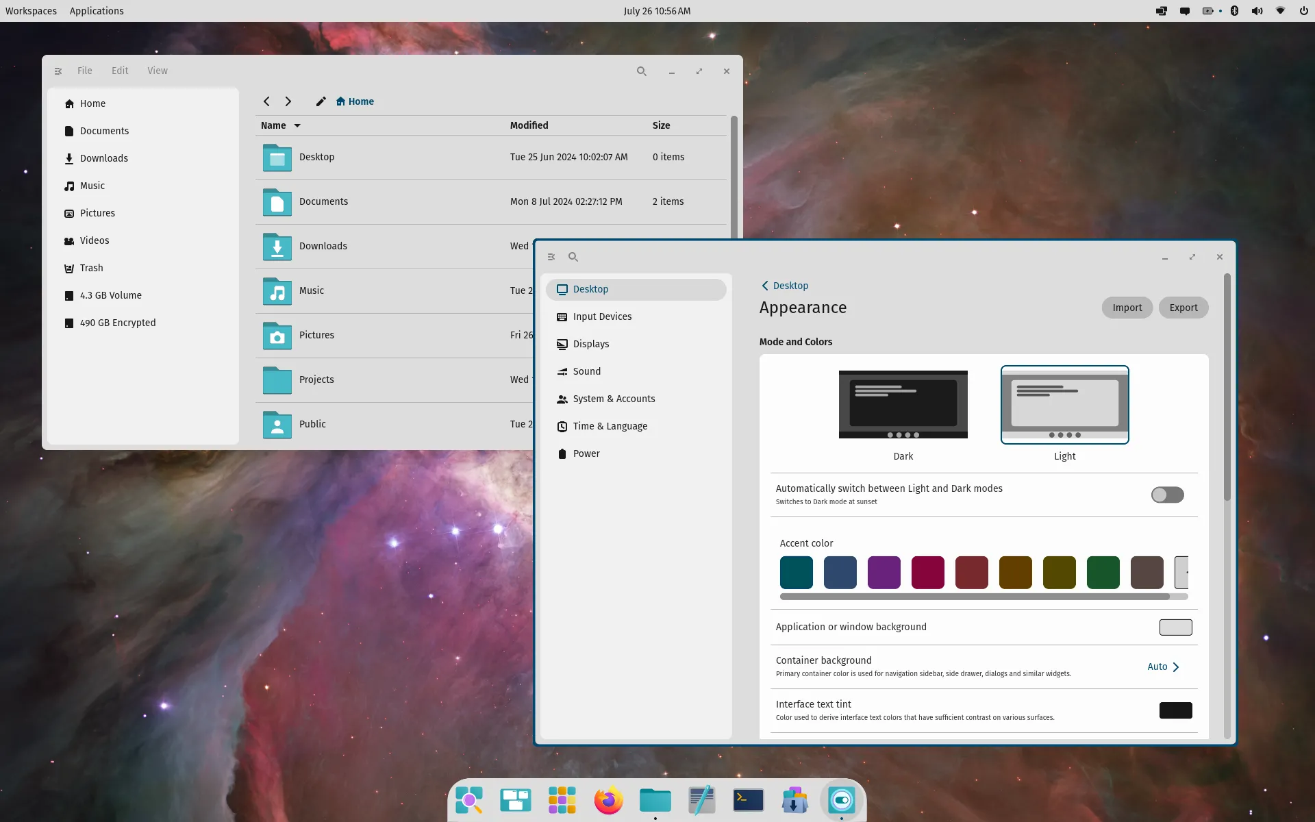 Giao diện COSMIC Desktop trên Fedora 42 Beta - Ứng dụng Settings và Files trong chế độ sáng