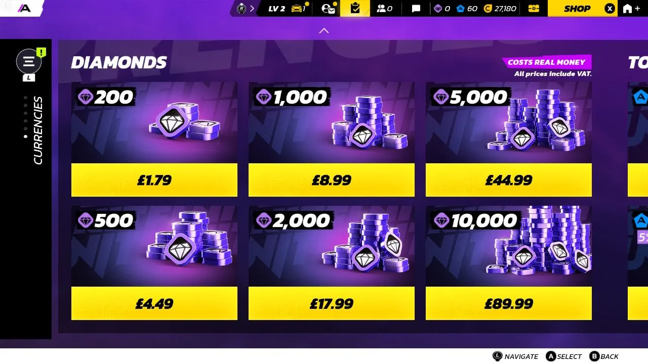 Giao diện cửa hàng của Asphalt Legends Unite với các gói giao dịch siêu nhỏ, minh họa vấn đề microtransactions trong game miễn phí.