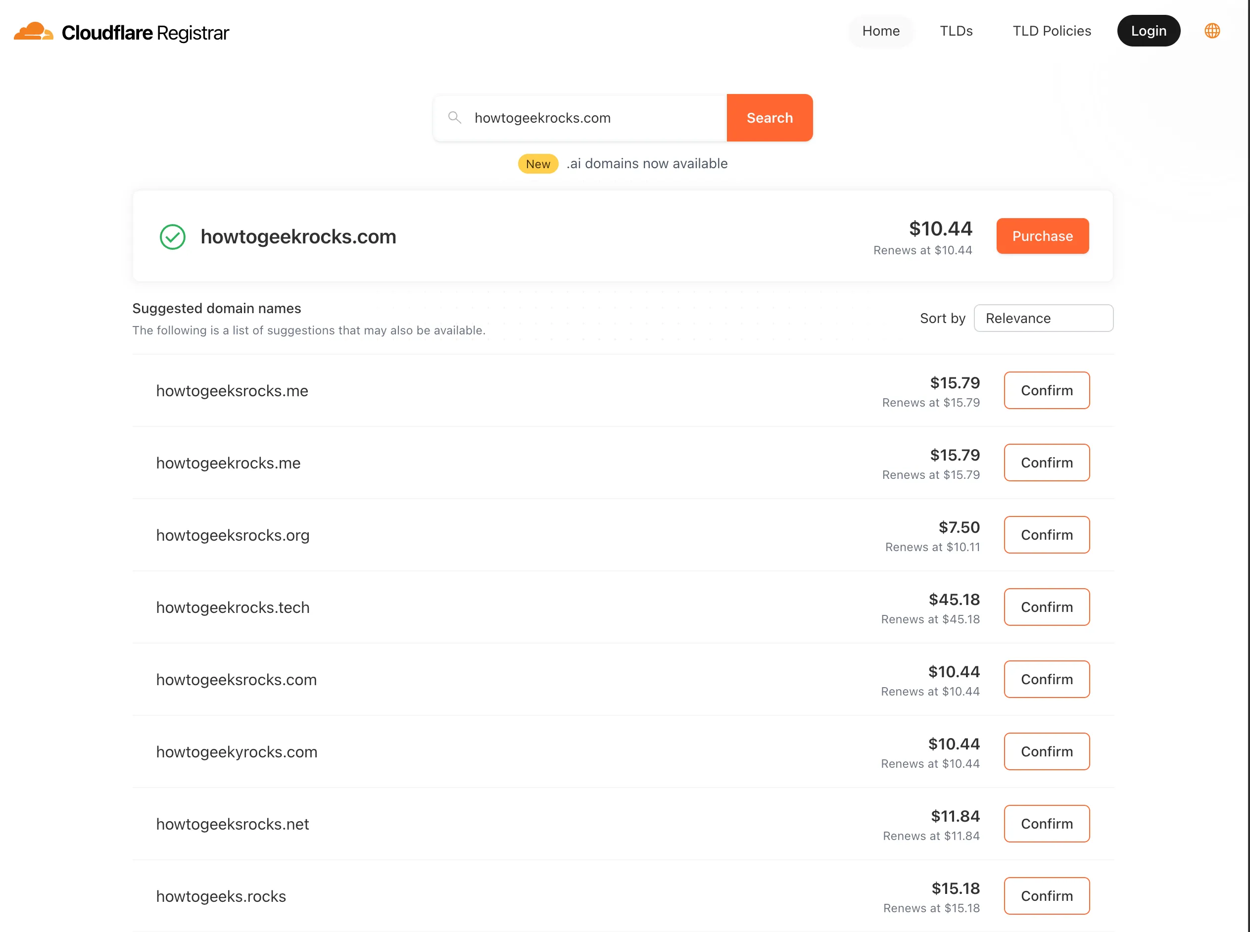 Giao diện đăng ký tên miền Cloudflare, hiển thị tên miền &quot;howtogeekrocks.com&quot; và chi phí đăng ký 10.44 USD