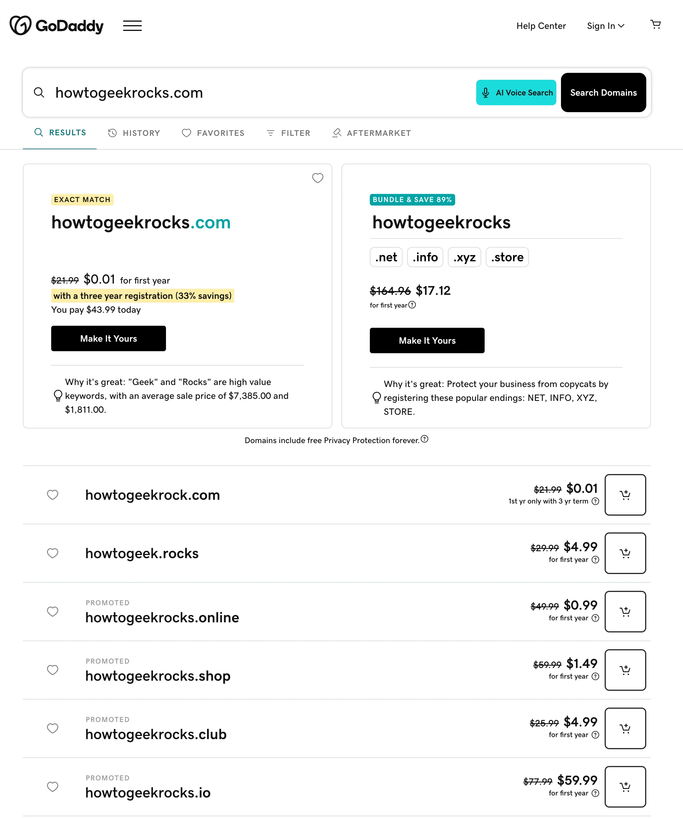Giao diện đăng ký tên miền GoDaddy hiển thị tên miền &quot;howtogeekrocks.com&quot;