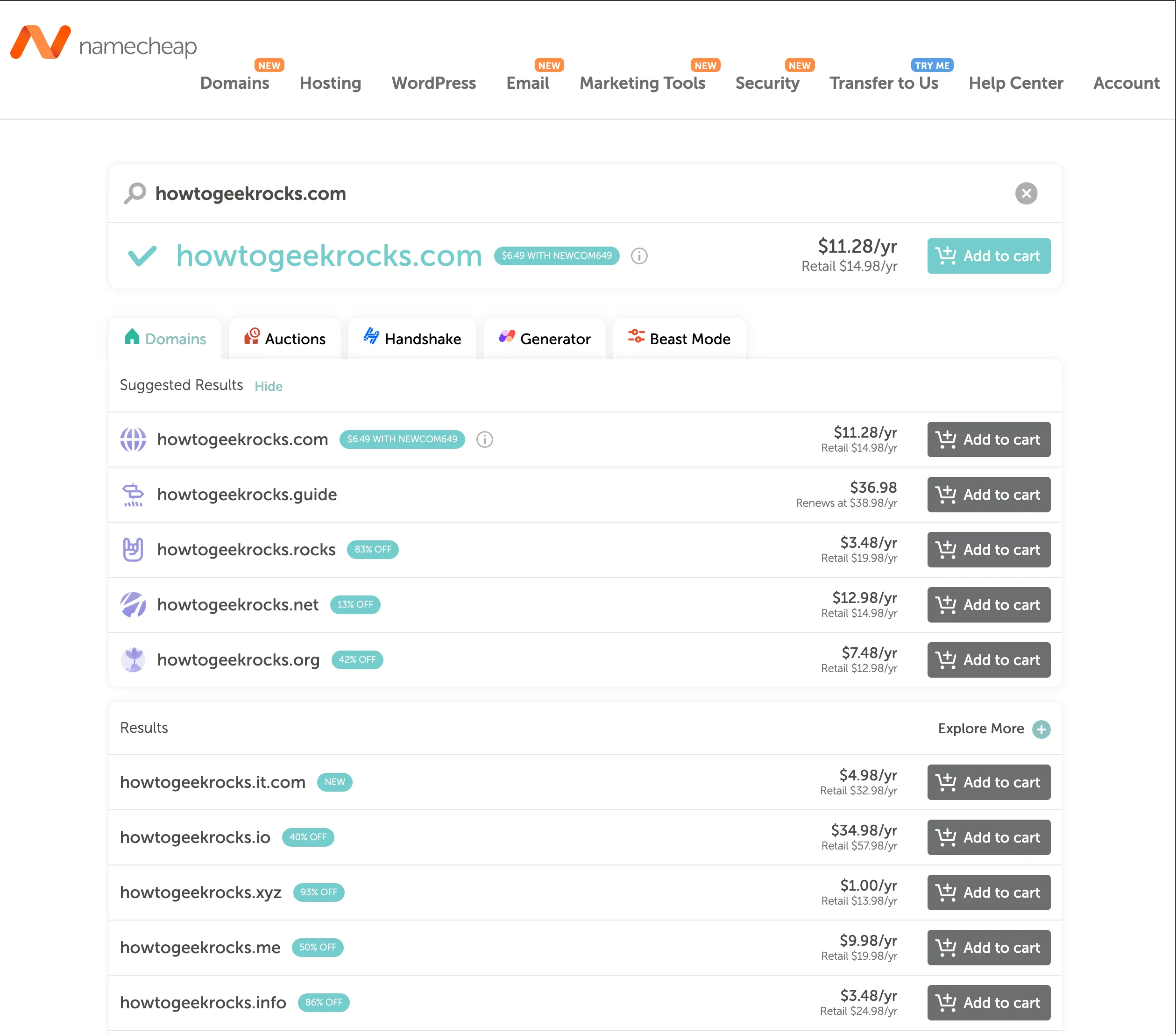 Giao diện đăng ký tên miền Namecheap, hiển thị tên miền &quot;howtogeekrocks.com&quot; cùng các gói dịch vụ