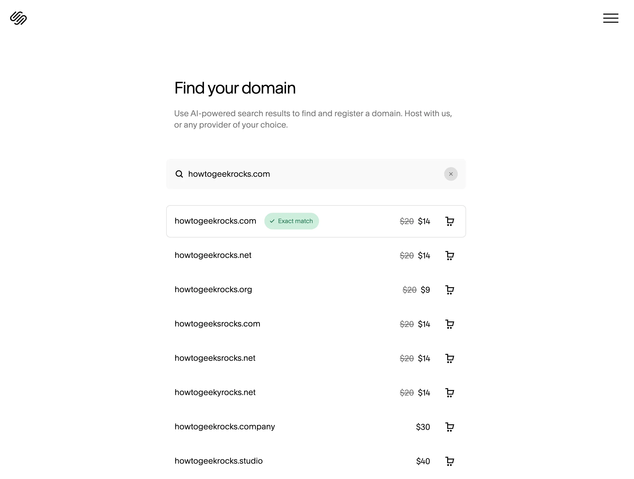Giao diện đăng ký tên miền Squarespace với trường tìm kiếm tên miền và tên miền &quot;howtogeekrocks.com&quot;