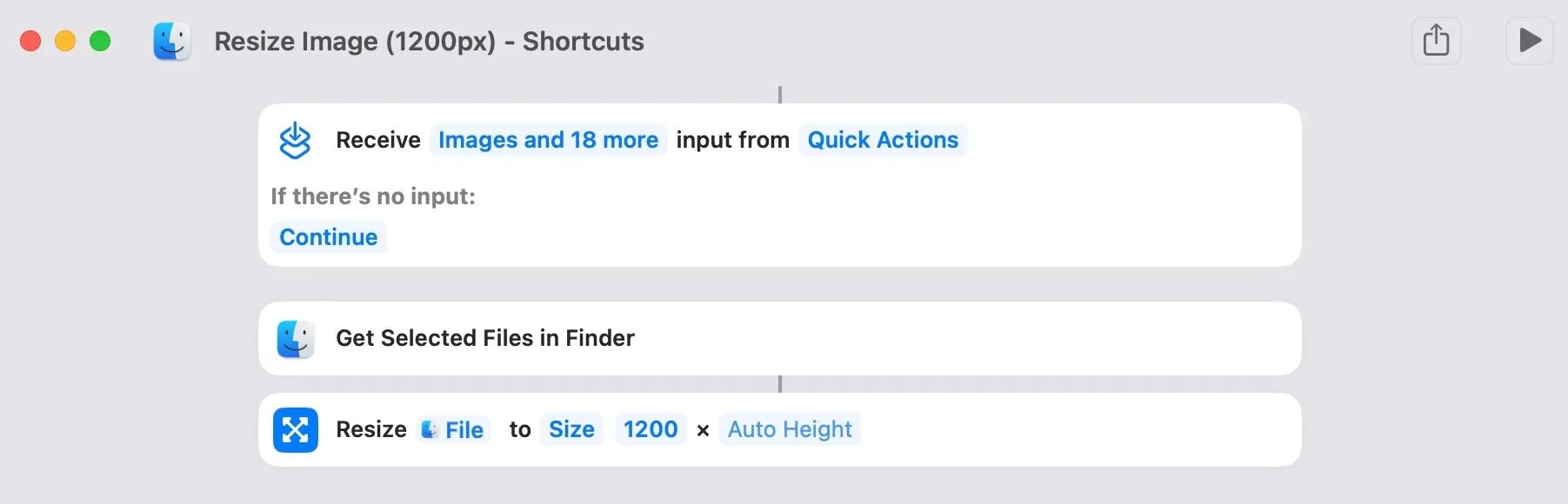 Giao diện đặt tên cho Quick Action mới trong ứng dụng Phím tắt (Shortcuts) trên macOS, hiển thị tên &quot;Resize Image&quot;.