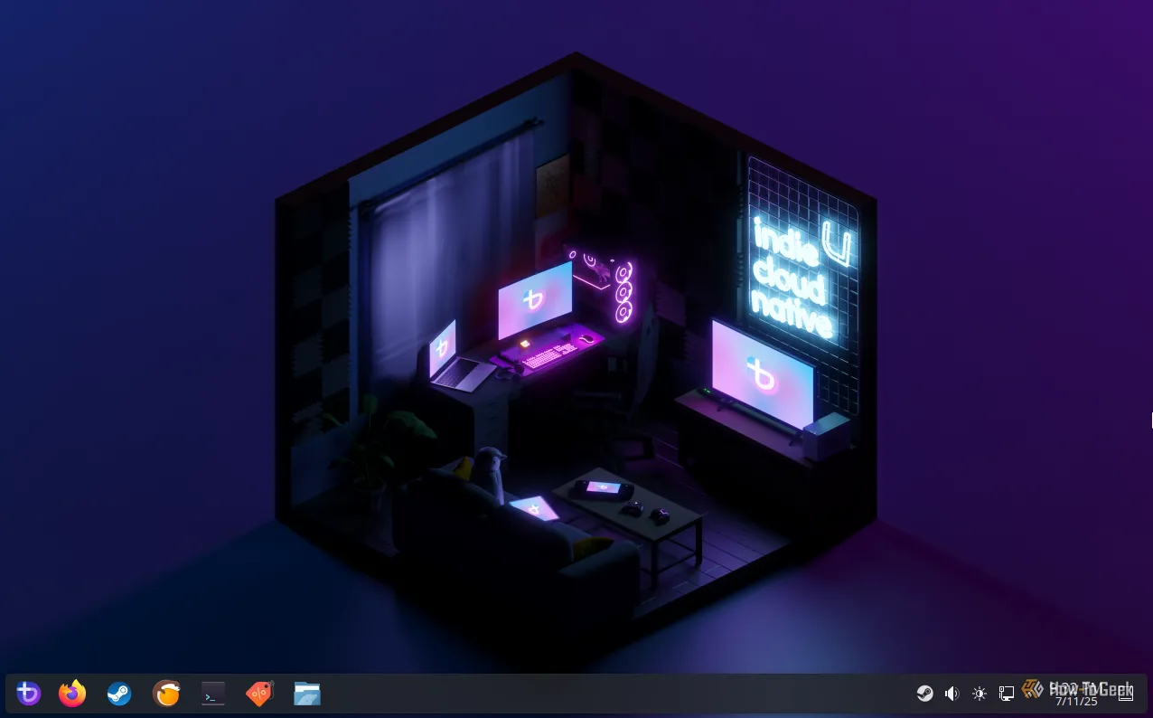 Giao diện desktop của hệ điều hành Bazzite với các biểu tượng ứng dụng và cửa sổ mở.