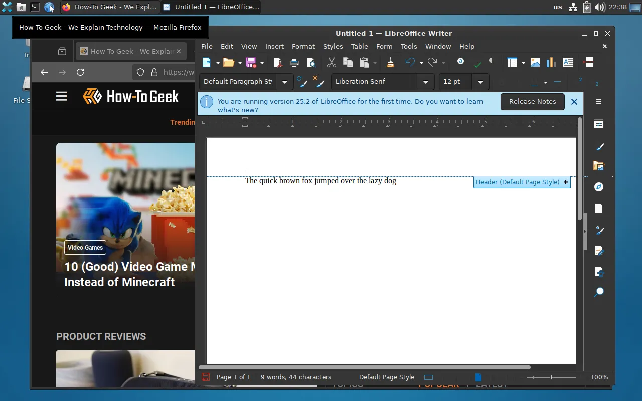 Giao diện desktop Xfce của PorteuX đang chạy LibreOffice và trình duyệt Firefox.