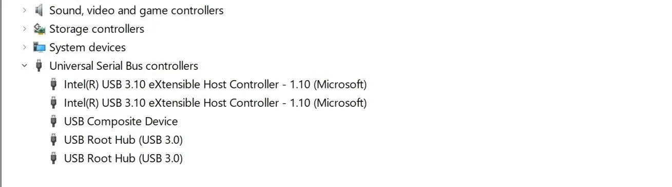 Giao diện Device Manager trên Windows 11, hiển thị danh sách các bộ điều khiển Universal Serial Bus để kiểm tra phiên bản cổng USB.