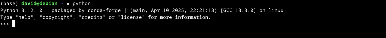 Giao diện dòng lệnh hiển thị trình thông dịch Python đã được kích hoạt từ môi trường base của Mamba, cho thấy phiên bản Python được quản lý bởi conda-forge.