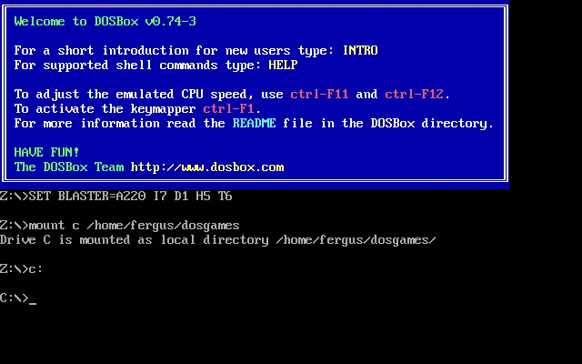Giao diện DOSBox với lệnh mount thư mục để chạy ứng dụng MS-DOS