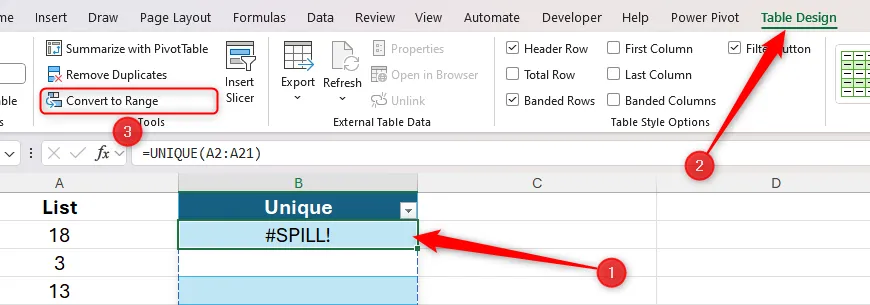 Giao diện Excel với bảng dữ liệu được chọn, nhấn &quot;Convert To Range&quot; trong tab Table Design để chuyển đổi