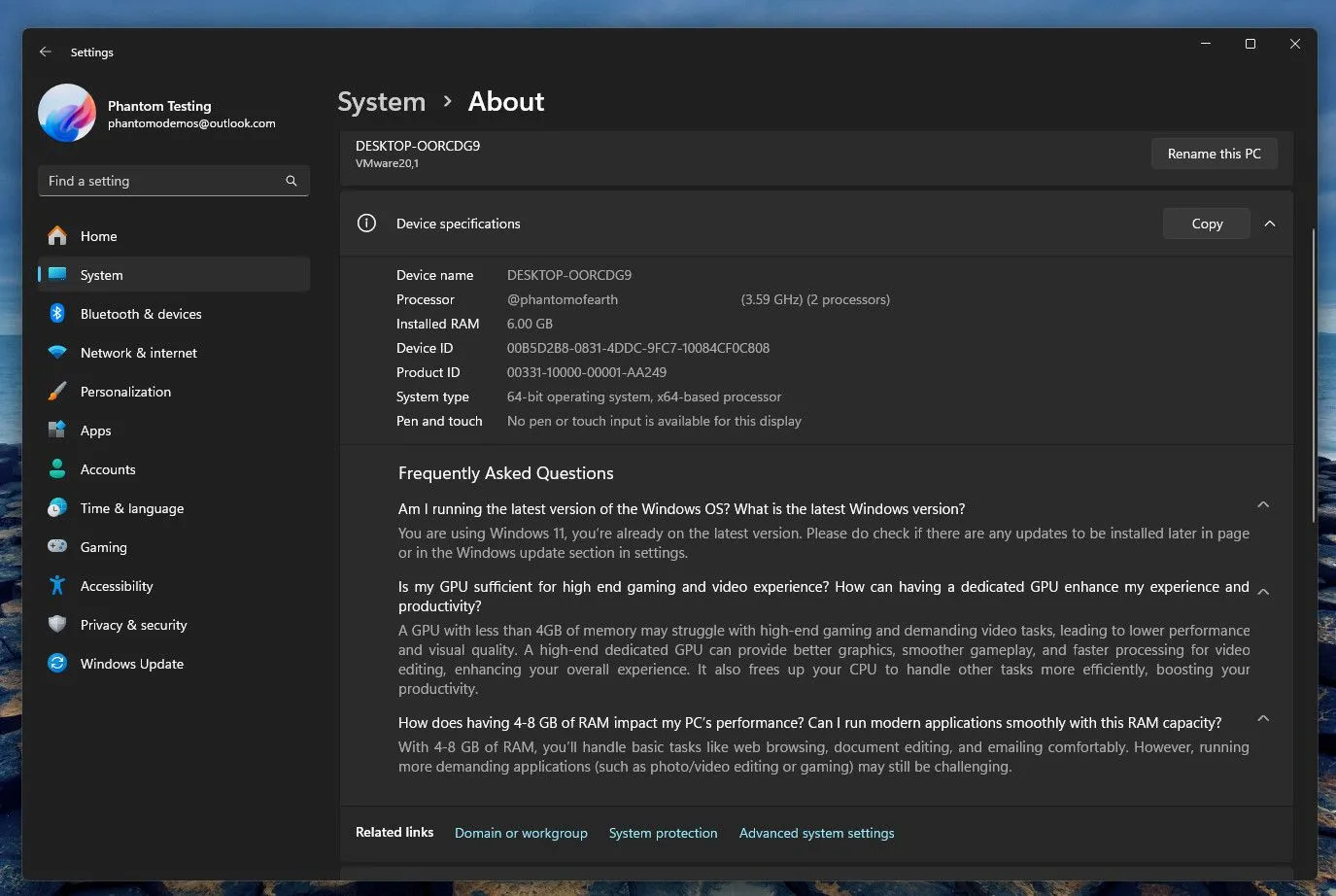Giao diện FAQ hiệu suất phần cứng trên Windows 11 Dev Build