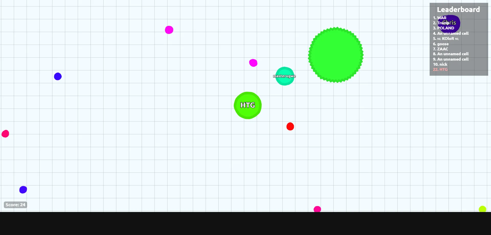 Giao diện game Agar.io với nhiều tế bào màu sắc khác nhau, thể hiện yếu tố PvP và tương tác xã hội độc đáo của trò chơi trình duyệt.