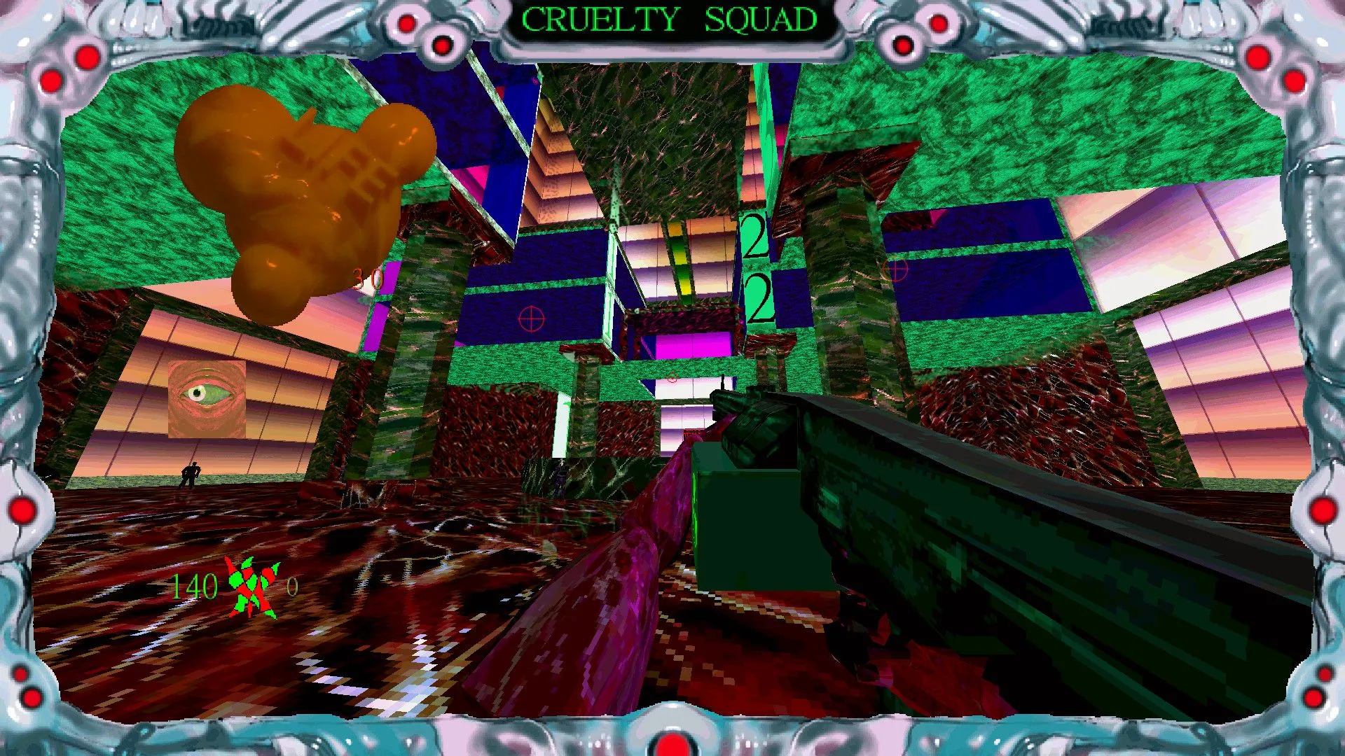 Giao diện gameplay đặc trưng của Cruelty Squad với màu sắc rực rỡ, giao diện phức tạp và đồ họa độc đáo, thể hiện phong cách gây sốc của game.