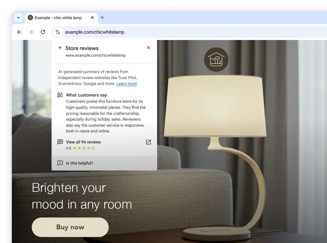 Giao diện Google Chrome với tính năng AI tóm tắt đánh giá website mua sắm trực tuyến