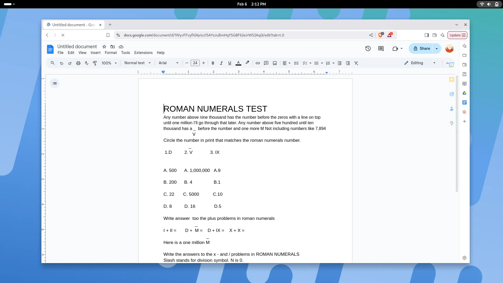 Giao diện Google Docs trên trình duyệt Brave với môi trường GNOME