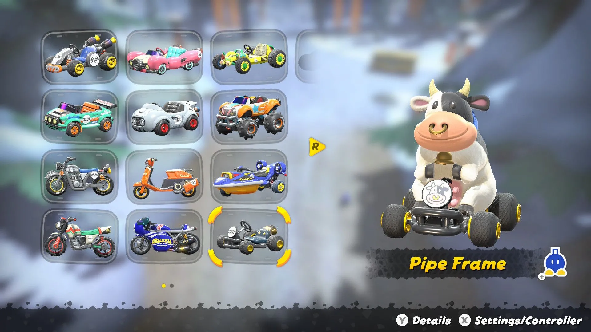 Giao diện lựa chọn phương tiện đua xe trong Mario Kart World với đa dạng tùy chọn