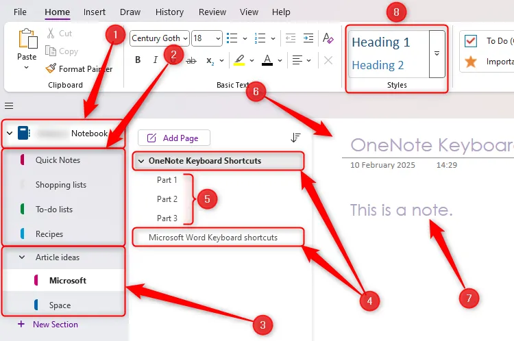 Giao diện Microsoft OneNote hiển thị 8 thành phần chính được đánh số, bao gồm sổ ghi chép, mục, nhóm mục, trang, trang con, trang hiện hoạt, ghi chú và kiểu, giúp người dùng dễ dàng định vị các khu vực làm việc.