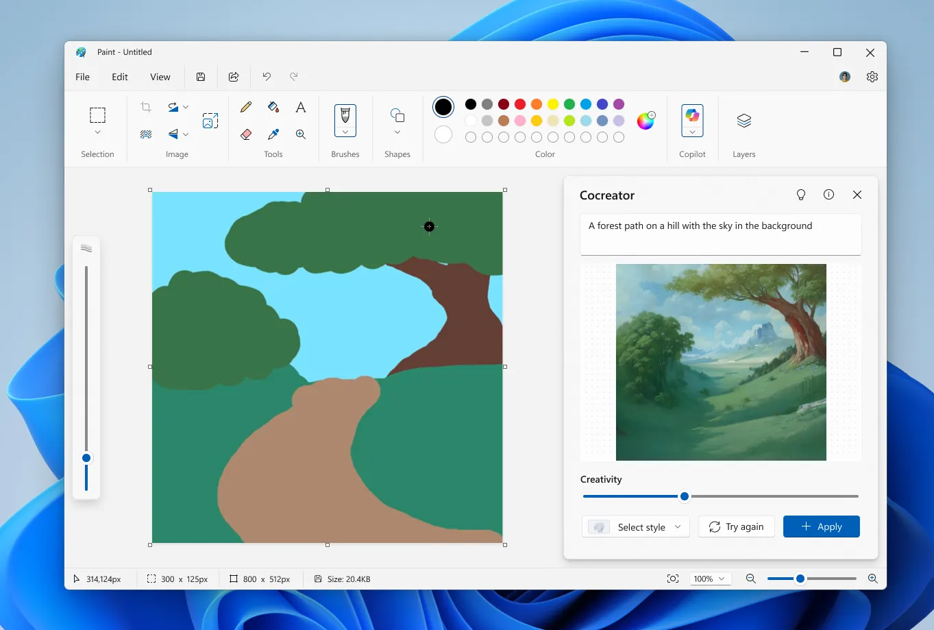Giao diện Microsoft Paint với bảng điều khiển Cocreator AI được mở, hiển thị các tùy chọn tạo hình ảnh.