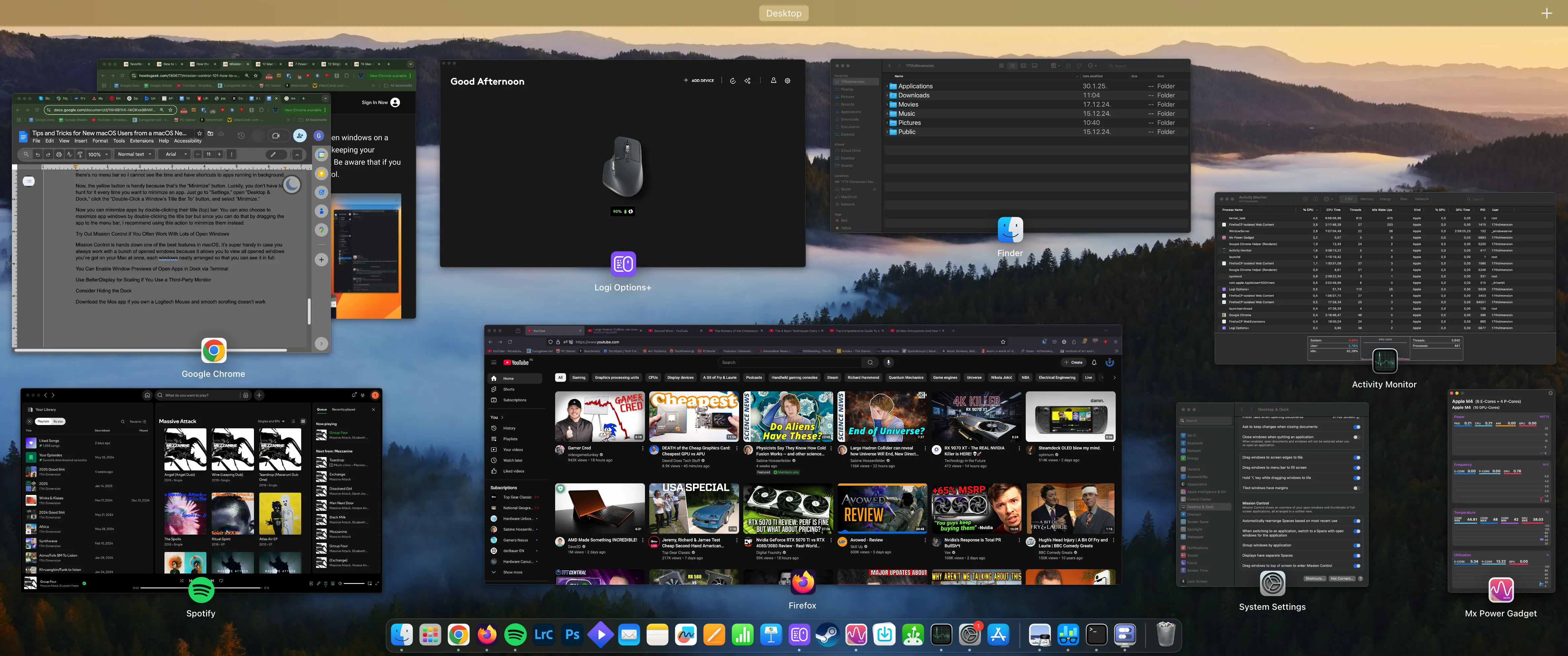 Giao diện Mission Control trên macOS hiển thị tổng quan tất cả các cửa sổ đang mở, giúp quản lý không gian làm việc hiệu quả.