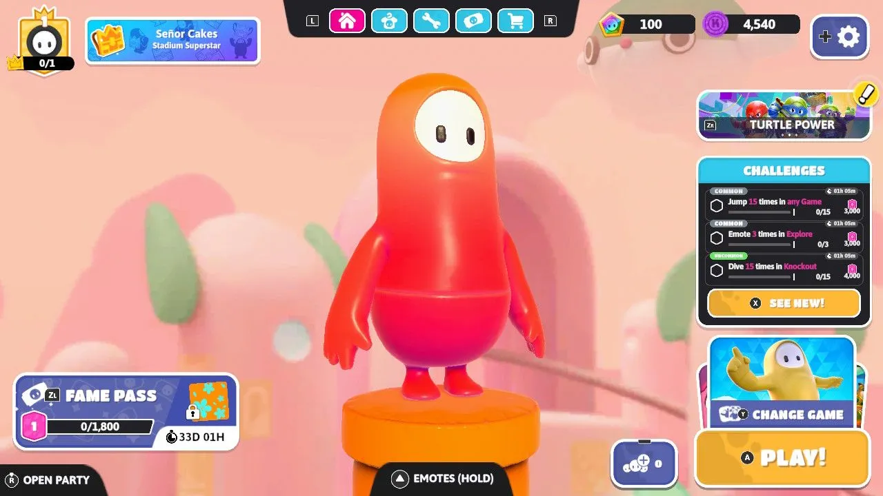 Giao diện người dùng của game Fall Guys với nhiều tùy chọn, thể hiện sự phức tạp thường thấy ở game free-to-play.