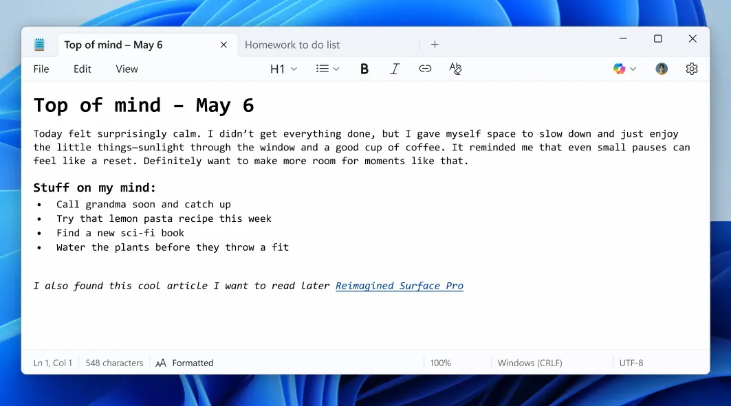 Giao diện Notepad mới hỗ trợ định dạng Markdown và thanh công cụ rich text