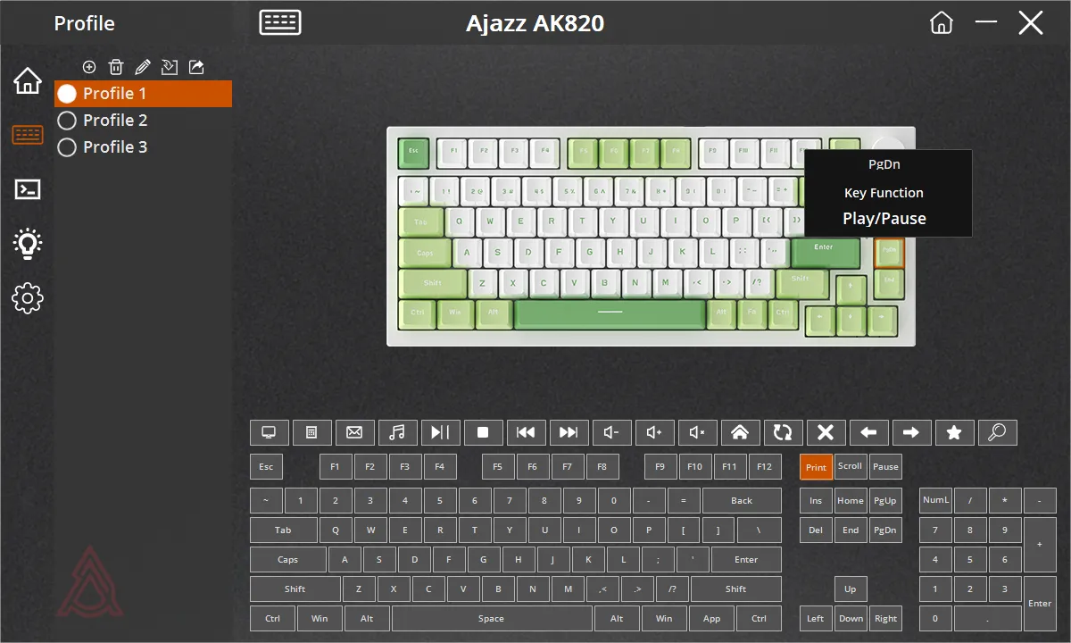Giao diện phần mềm bàn phím Ajazz AK820 hiển thị tùy chỉnh gán phím Play/Pause cho nút PgDn, minh họa giải pháp gán lại phím chức năng.