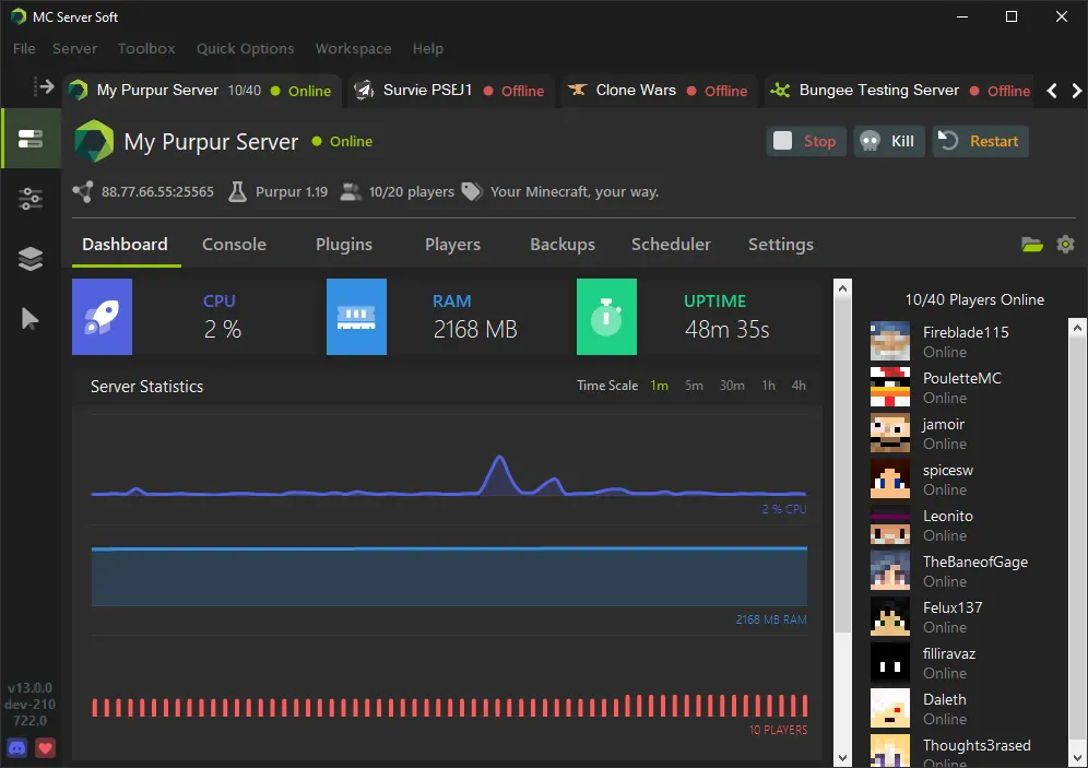 Giao diện phần mềm MC Server Soft hiển thị server Minecraft đang chạy với người chơi đang online