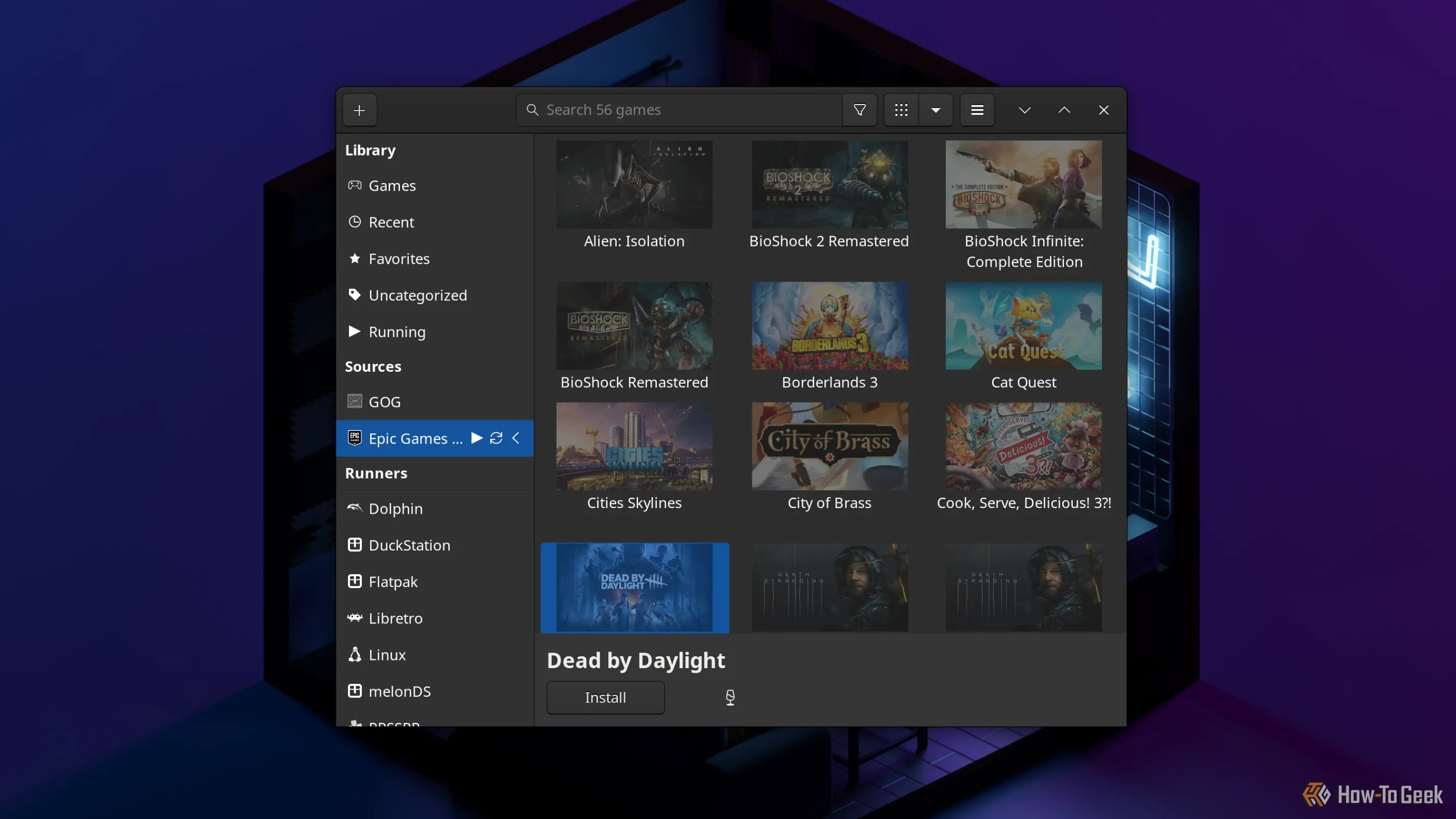 Giao diện phần mềm quản lý game Lutris trên Linux, hiển thị danh sách game từ Epic Games Store
