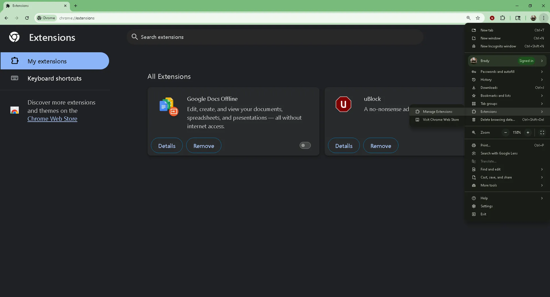 Giao diện quản lý tiện ích mở rộng của Google Chrome, cho phép người dùng bật hoặc tắt từng tiện ích